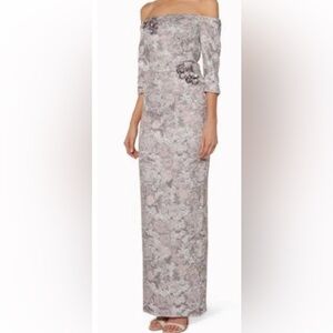Theia Metallic Jacquard off shoulder silver evening gown